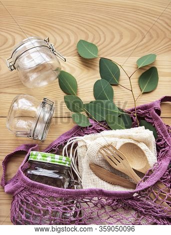 Cotton Bags, Net Bag With Reusable  Glass Jars And Bamboo Cutlery. Zero Waste Concept. Eco Friendly.