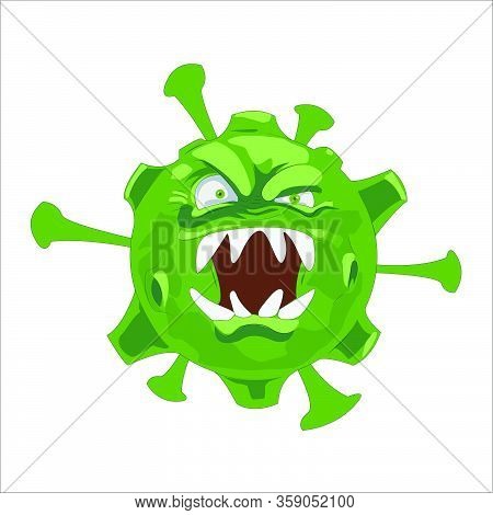 Flat Cartoon Covid-2019, Coronavirus Monster Character. Dangerous, Angry, Green Germ, Bacteria. Angr