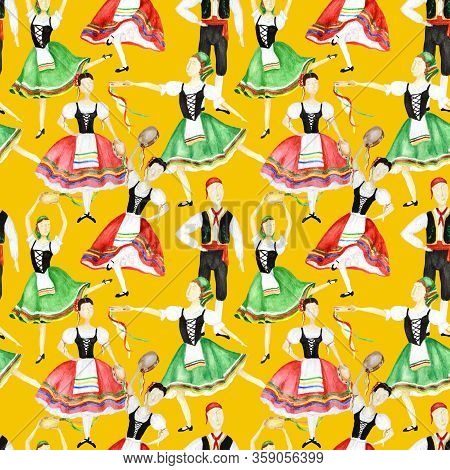 Seamless Pattern Dancers In National Costume An Italian Tarantella With A Tambourine On Yellow Backg
