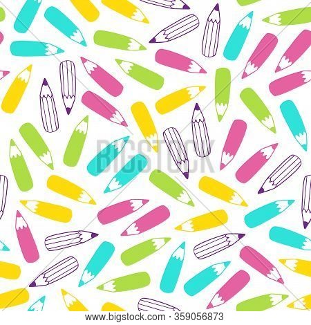 Seamless Pencil Pattern In Vector. Hand Drawn Colorful Illustration With Stationery. Doodle Endless 