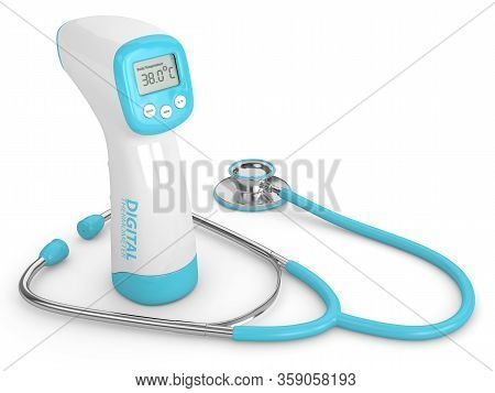 3d Render Of Digital Infrared No Touch Thermometer And Stethoscope Over White Background