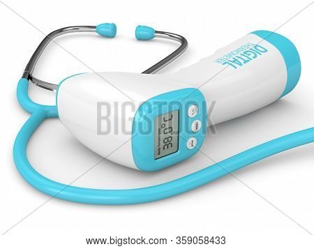 3d Render Of Digital Infrared No Touch Thermometer And Stethoscope Over White Background