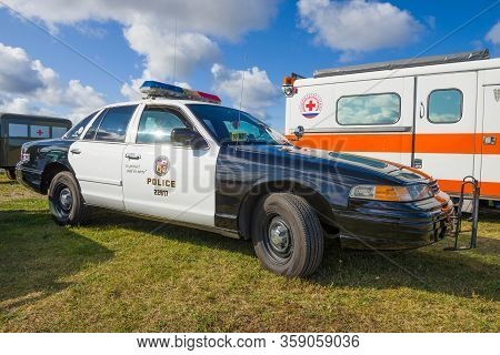 Kronshtadt, Russia - September 14, 2019: Classic American Police Car Ford Crown Victoria Police Inte