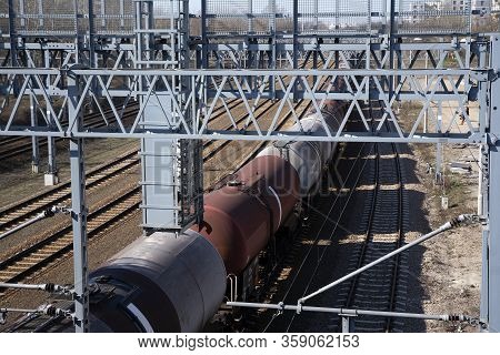 Freight Railway Cars At The Marshalling Yard.