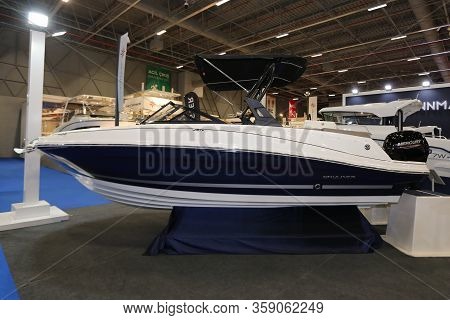 Istanbul, Turkey - February 22, 2020: Bayliner Boat On Display At Cnr Eurasia Boat Show In Cnr Expo 