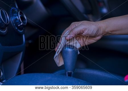 Asian Women Spry Soap And Clean Car Gear Shift With Napkin, Concept For  Corona Virus.