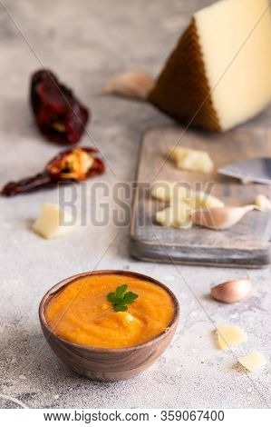 Famous La Gomera Paste Or Sauce Almogrote In Wooden Bowl With Ingredients Hard Goat Cheese, Peppers,