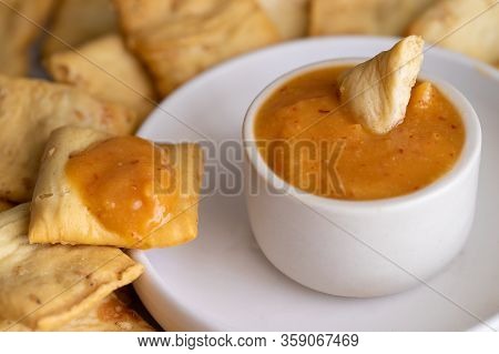 Almogrote , Cheese Paste, In Ceramic Bowl And Toasts. Typical La Gomera Appetizer In Many Restaurant