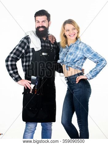 Man Bearded Hipster And Girl Ready For Barbecue White Background. Backyard Barbecue Party. Family Bb
