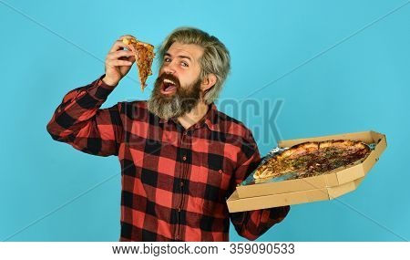 Cheesy Taste. Love At First Slice. Fresh And Hot. In Mood For Italian Food. Man Bearded Hipster Hold