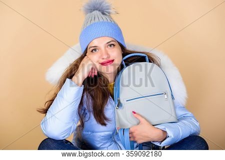 Fashion Accessory. Little Backpack And Knitted Hat. Total Pastel Outfit. Backpack Is All You Need. G