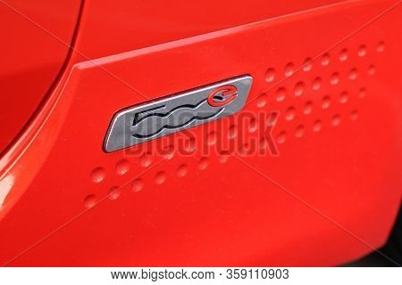 Bordeaux , Aquitaine / France - 11 19 2019 : Fiat 500e Electric Detail Side Logo Sign 500 Vehicle Ca