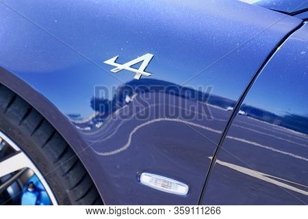 Bordeaux , Aquitaine / France - 10 17 2019 : Alpine A110 Sports Car Logo Detail Luxury Automobile Ma
