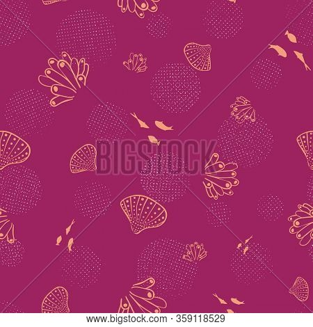 Shells Fish And Tubular Coral Seamless Vector Pattern In Vibrant Pink. Ocean Themed Surface Print De
