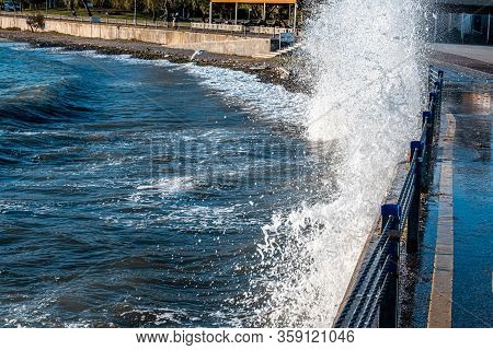 Powerful Waves Breaking At Seawall During Storm At Daytime In Istanbul.