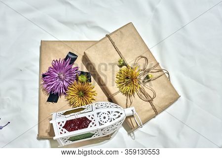 A Gift Box For Family And Friends. Ramadan Present With Traditional Arabic Style Lantern. Islam Reli