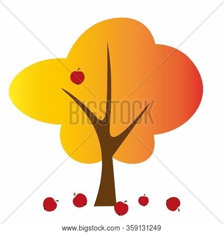 Vector Illustration Of The Fruit Tree With Orange Leaaves And Fallen Apples