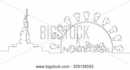 One Continuous Drawing Line Statue Of Liberty. Panorama Of New York City.symbol Of Coronavirus. Usa.
