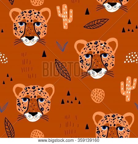 Semless African Pattern With Cheetah Heads. Jangle Style Childish Texture For Fabric, Textile, Appar