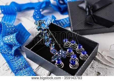 Beautiful Brooch With Blue And Aquamarine Stones And Rhinestones Of Different Sizes, Metal Base Pins