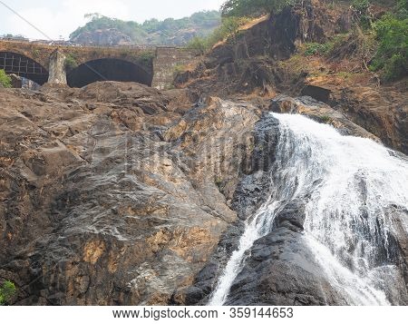 Dudhsagar Waterfall In The Indian State Of Goa. One Of The Highest Waterfalls In India, Located Deep