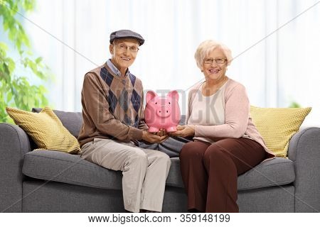 Elderly couple sitting on a sofa at home and holding a piggy bank togeather