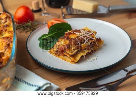 Lasagne Bolognese Served On Plate Baked Dish