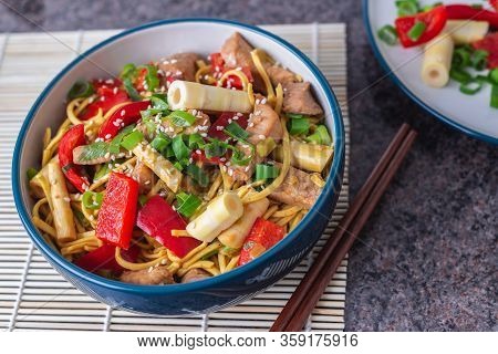 Asian Stir Fry Pork Noodles With Bell Pepper