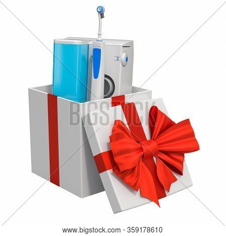 Water Flosser, Dental Oral Irrigator Inside Gift Box, 3d Rendering Isolated On White Background