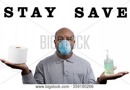 Corona Virus protection, man wearing mask with toilet paper and hand sanitizer during crisis with copry space on white background, Concept of Lockdown, Flatten the Curve, Social Distancing, State of Emergency