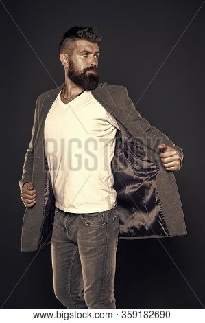 Adding Fashionable Touch. Fashionable Man Grey Background. Fashionable Look Of Vogue Model. Bearded 