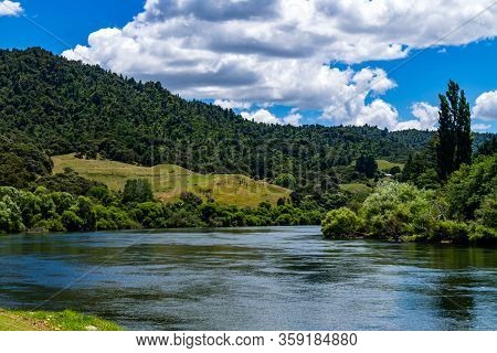 Waikato River Flows Through Ngaruawahai, Waikato, New Zealand