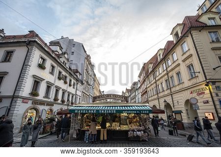 Prague, Czechia - November 3, 2019: Halevske Trziste Market In Prague, With A Focus On Stands Sellin