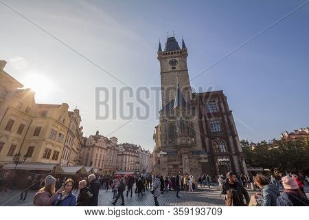 Prague, Czechia - October 31, 2019: Panorama Of Old Town Square (staromestske Namesti) With A Focus 