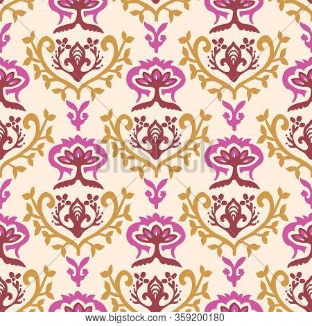 Old Indian Luxe Gold Arabesque Damask Seamless Vector Pattern. Ornate Fuchsia Pink Persian Flourish.