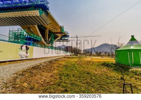 Sejong, South Korea; April 1, 2020: Side View Of Center Section Of New Bridge Under Construction Thr