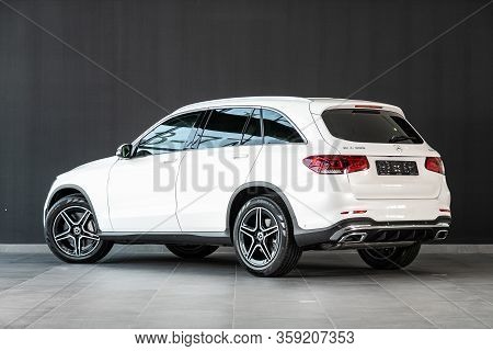 Novosibirsk, Russia - March 07, 2020 White New Mercedes-benz Glc-class,back View.   Expensive  Luxur