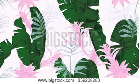 Floral Seamless Pattern, Green Banana Leaves, Pink Bromeliaceae Plant And Palm Leaves On Light Gray 