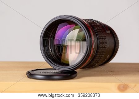 Hanover / Germany - April 02,2020: Canon Ef 200mm F/2.8l Ii Usm Professional Lens Stands On A Table.