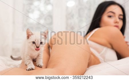 Play With Kitty. Cat And Lady. Playful Woman And Tender Cat In Bedroom. Gorgeous Attractive Girl Rel