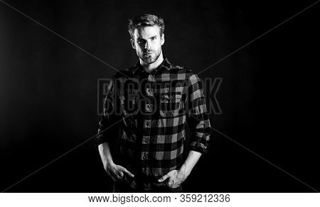 Barbershop And Beauty Salon. Hipster Black Background. Standards Of Manliness Or Masculinity. Handso