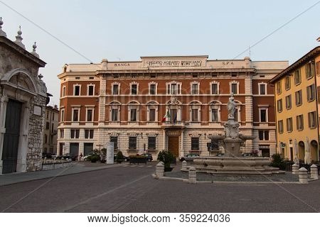 Brescia, Italy - August 1 2018: The View Of The Negroboni Or Credito Agrario Bresciano Palace On Pia