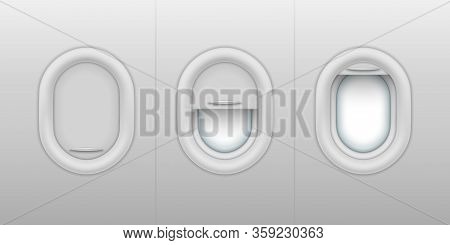 Set Of Isolated Realistic Porthole With Open, Close, Half-open Plastic Shades. Aircraft Or Plane Win