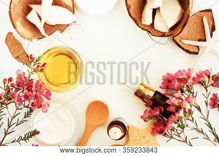 Natural Cosmetics Skincare Spa, Coconut Oil, Facial Treatment Bottle, Herbal Esential Oils. 
Framed 