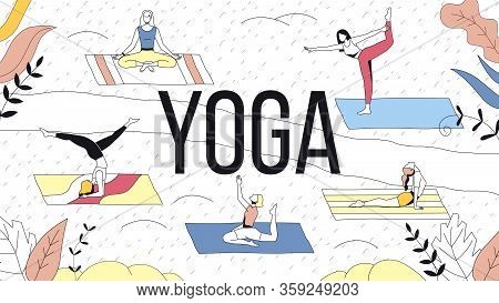 Concept Of Healthcare And Active Sport. Group Of Women Do Joga Outdoor. Female Characters Are Taking