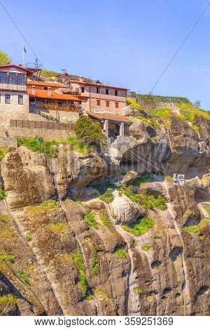 The Great Meteoron Monastery And Cable Car With Supplies For Monks In Kalambaka, Trikkala, Greece