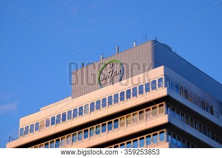 April 1, 2020, Berlin Germany - Bayer Pharma Ag, Logo On The Roof Of The Administration And Laborato