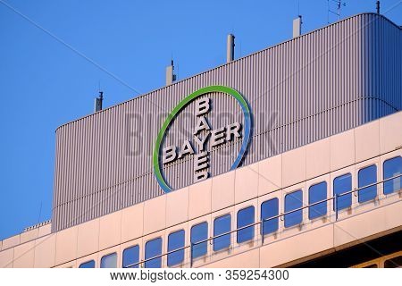 April 1, 2020, Berlin Germany - Bayer Pharma Ag, Logo On The Roof Of The Administration And Laborato