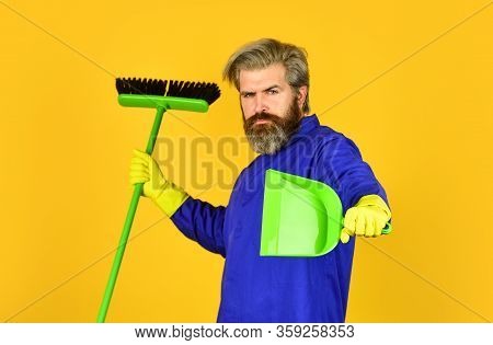 Garbage Removal. Cleaning Day. Cleaning Agency. Worker With Brush. Cleaning Equipment. Yardman Occup
