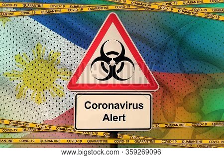 Philippines Flag And Covid-19 Biohazard Symbol With Quarantine Orange Tape. Coronavirus Or 2019-ncov